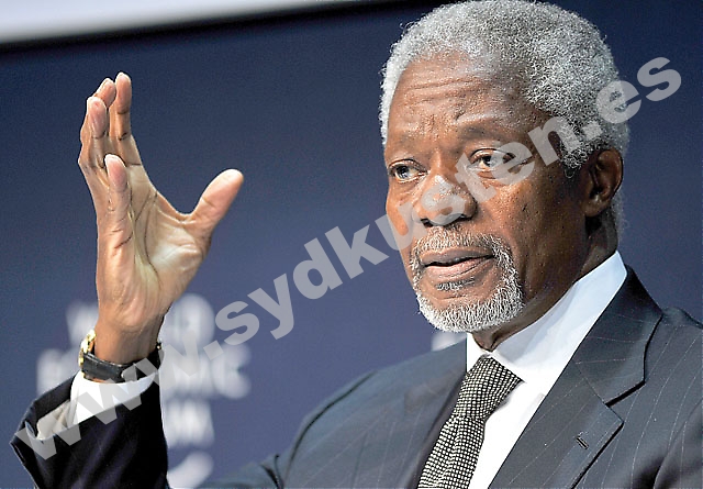 Kofi Annan håller 13 april ett föredrag i kongresspalatset i Marbella, under rubriken ”Det globala fördraget: Företagens utmaning att bli ledande inom hållbar utveckling”. Foto: World Economic Forum/Eric Miller
